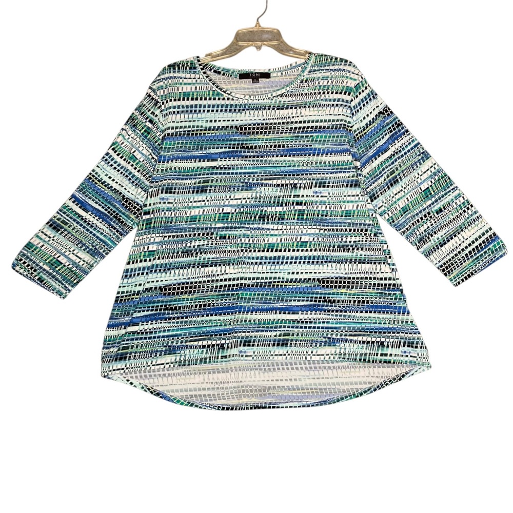 Toni Morgan Tunic Top Women XL Blue Green 3/4 Sleeve Hi Low Coastal Boho Resort